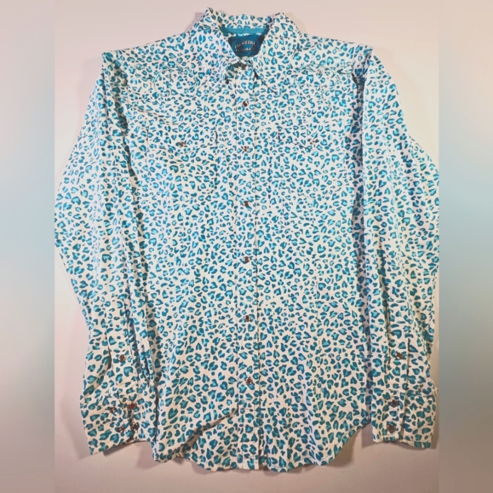 Cowgirl hardware blue leopard print button up top size Medium